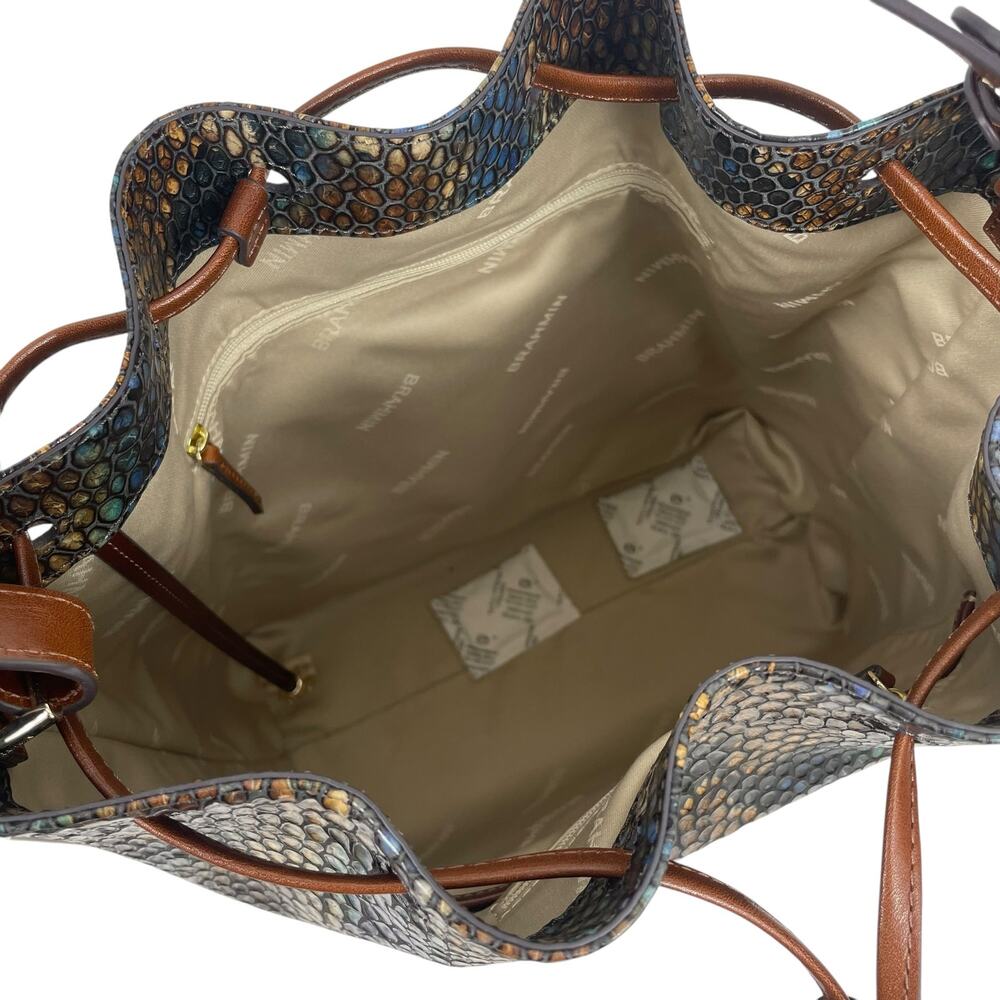 Brahmin Marlowe Embossed Leather Bucket Bag Bottle Blue Fletcher - Picture 11 of 13
